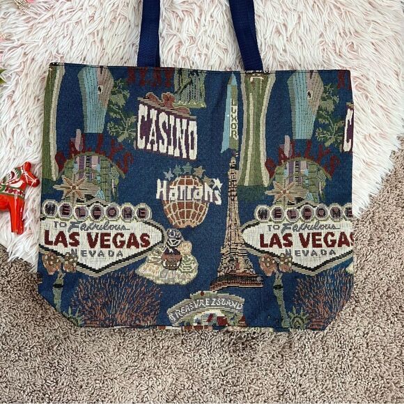 Vintage Style Las Vegas Casino Tapestry Colorful Lined Zip Closure Tote Bag - Picture 2 of 9